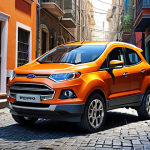 **

Ford EcoSport, rugged and distinctive design, spare tire on the back, driving through a narrow city alley, emphasizing agility and urban exploration, hipster vibe, budget-friendly options.

**