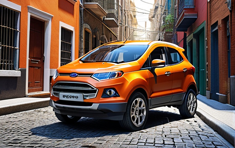 **

Ford EcoSport, rugged and distinctive design, spare tire on the back, driving through a narrow city alley, emphasizing agility and urban exploration, hipster vibe, budget-friendly options.

**