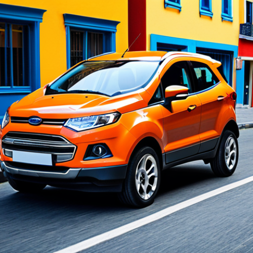 Home 9 "A Ford EcoSport, fully clothed, in a vibrant urban setting, safe for work, appropriate content, professional car photography, showcasing the car's compact and cute design, surrounded by colorful buildings, perfect anatomy, correct proportions, family-friendly, modest."