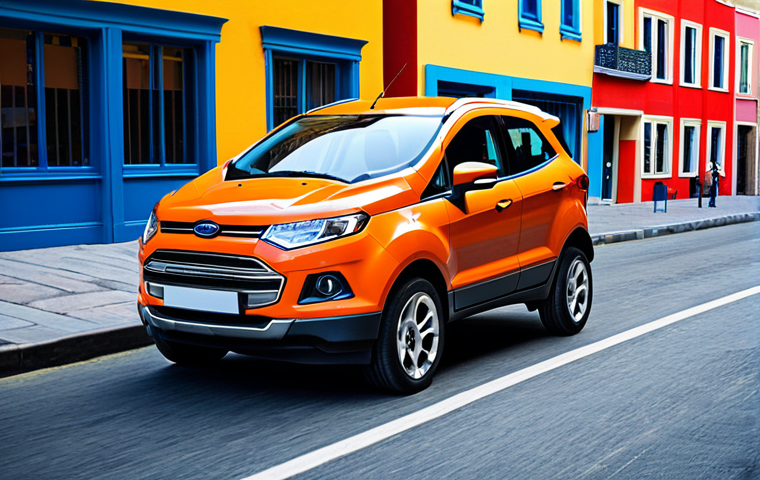 "A Ford EcoSport, fully clothed, in a vibrant urban setting, safe for work, appropriate content, professional car photography, showcasing the car's compact and cute design, surrounded by colorful buildings, perfect anatomy, correct proportions, family-friendly, modest."